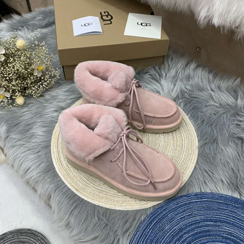 3090 Fluffy Lace-Up Ankle Boots – Pink (In Stock)
