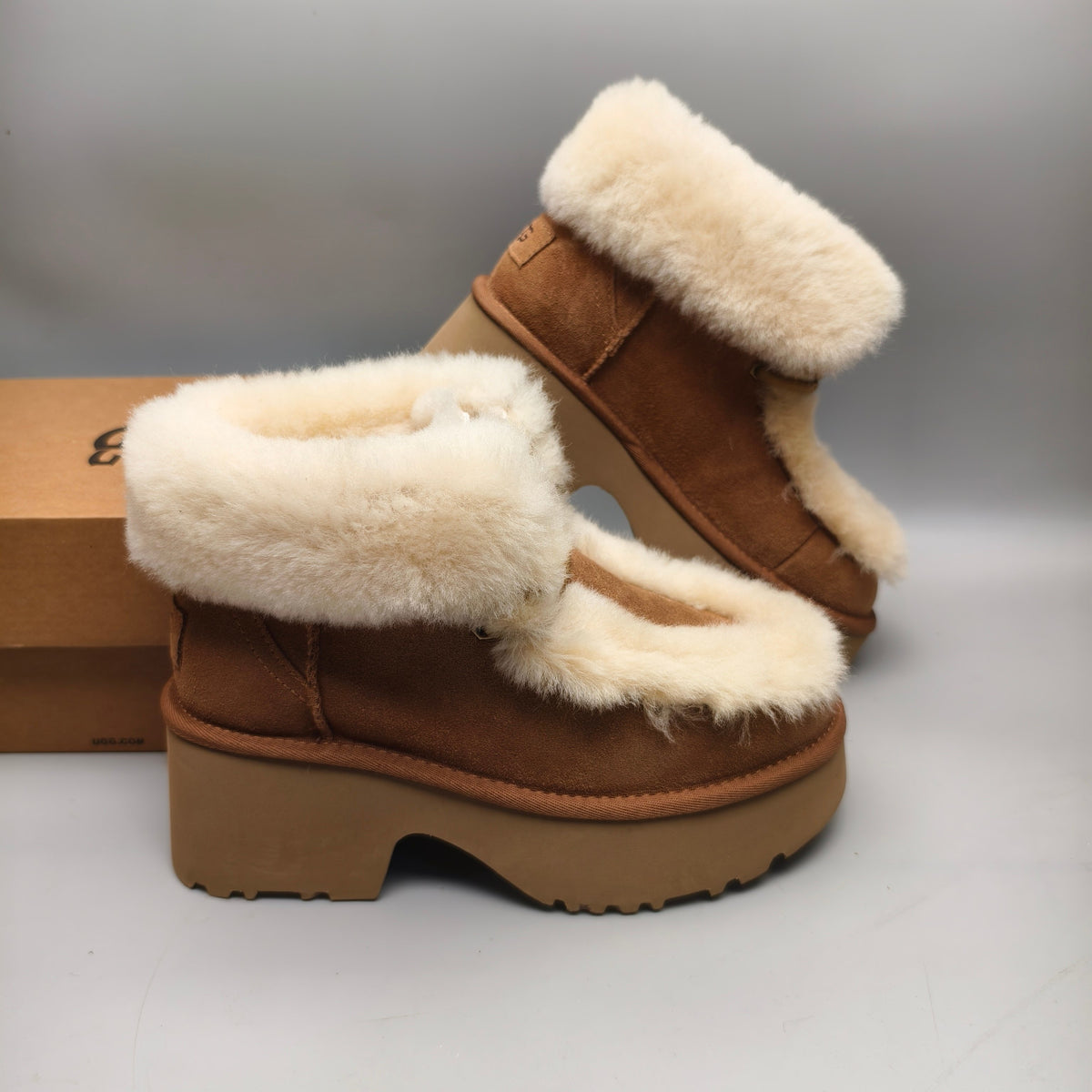 1532 Esme Wedge Ankle Boots – Chestnut Fluffy Lace-Up (In Stock)