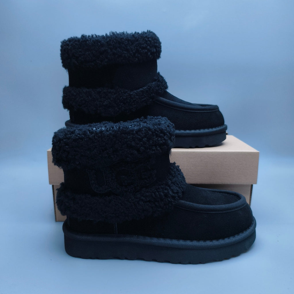 5410 Curly Fur Big Logo Mid-Top Trendy Boots – Black (In Stock)