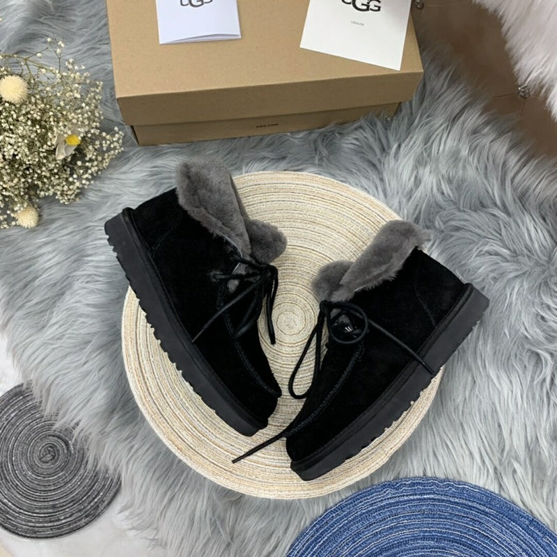 3090 Fluffy Lace-Up Ankle Boots – Black (In Stock)