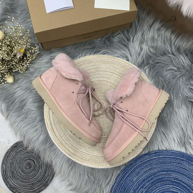 3090 Fluffy Lace-Up Ankle Boots – Pink (In Stock)