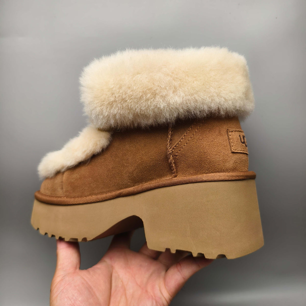 1532 Esme Wedge Ankle Boots – Chestnut Fluffy Lace-Up (In Stock)