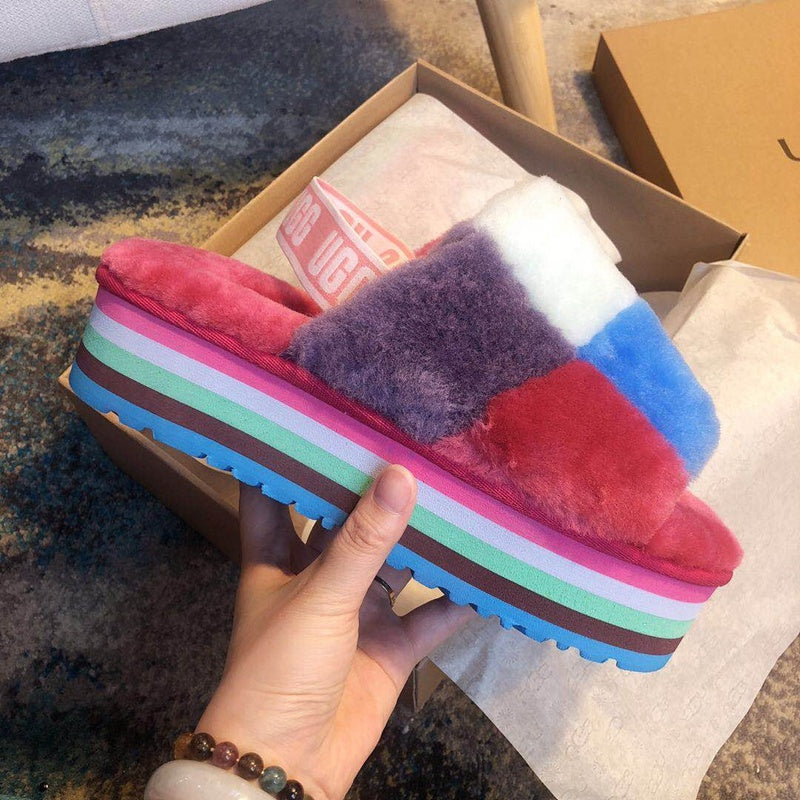 3490 Platform Fuzz Sandals – Rose Red Colorblock (In Stock)