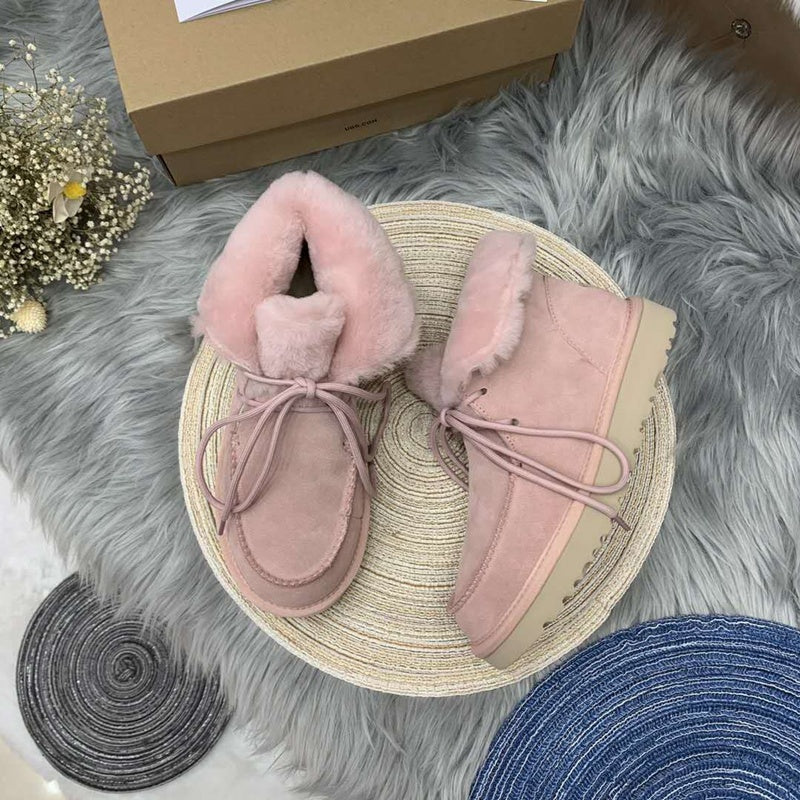 3090 Fluffy Lace-Up Ankle Boots – Pink (In Stock)