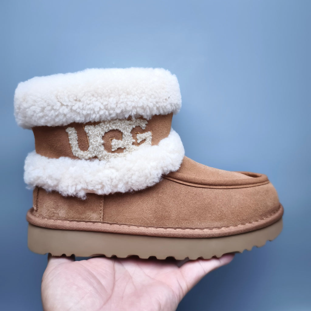 5410 Curly Fur Big Logo Mid-Top Trendy Boots – Chestnut (In Stock)