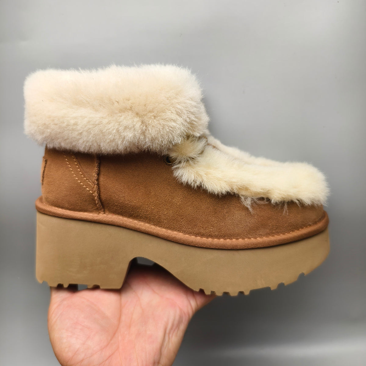1532 Esme Wedge Ankle Boots – Chestnut Fluffy Lace-Up (In Stock)
