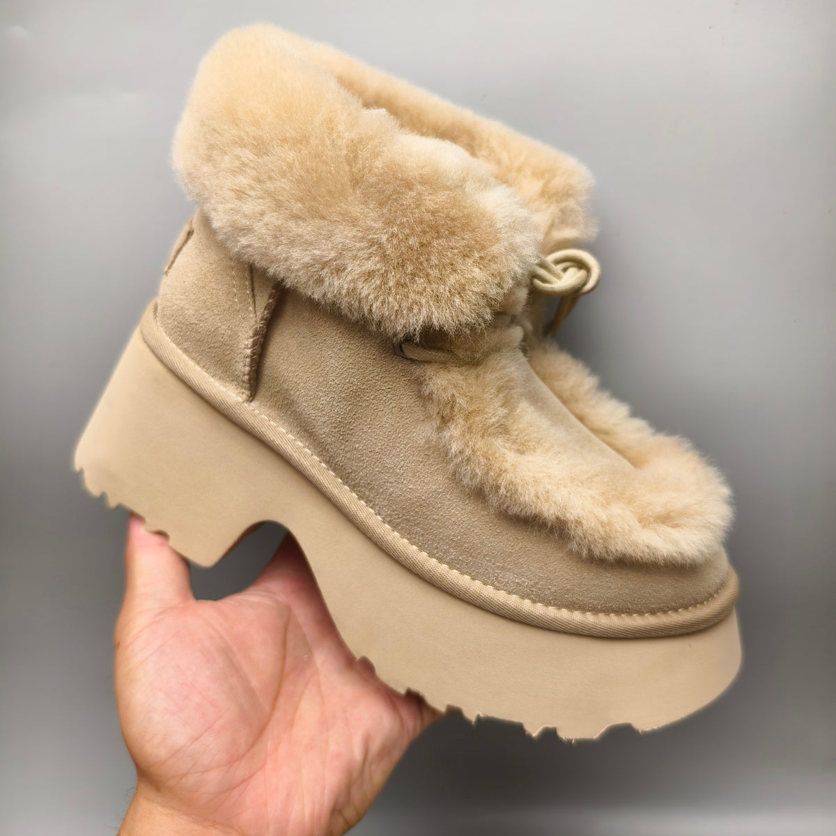 1532 Esme Wedge Ankle Boots – Mustard Fluffy Lace-Up (In Stock)