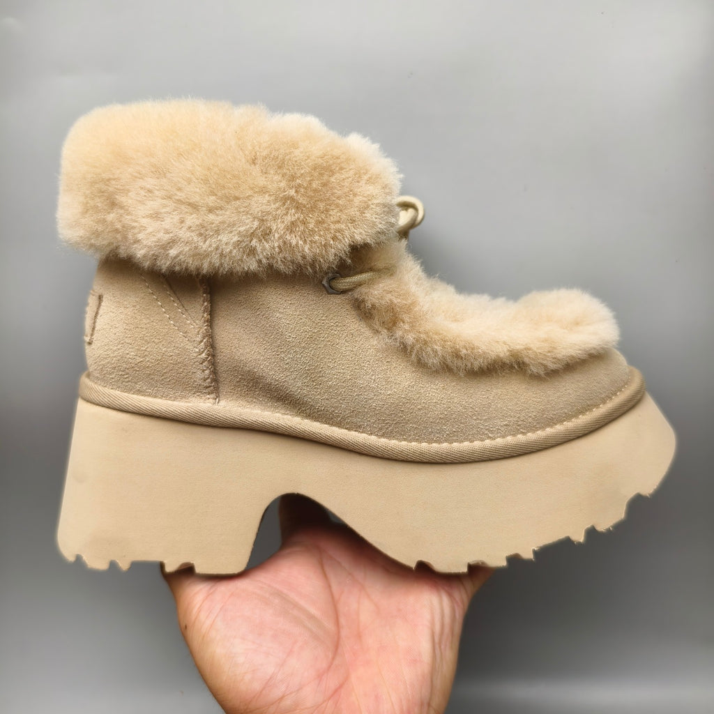1532 Esme Wedge Ankle Boots – Mustard Fluffy Lace-Up (In Stock)