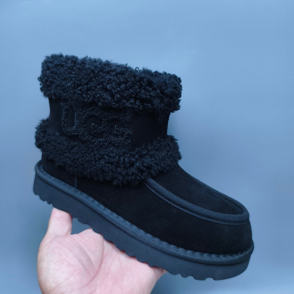 5410 Curly Fur Big Logo Mid-Top Trendy Boots – Black (In Stock)
