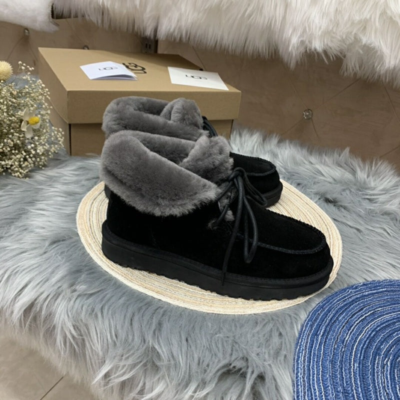 3090 Fluffy Lace-Up Ankle Boots – Black (In Stock)