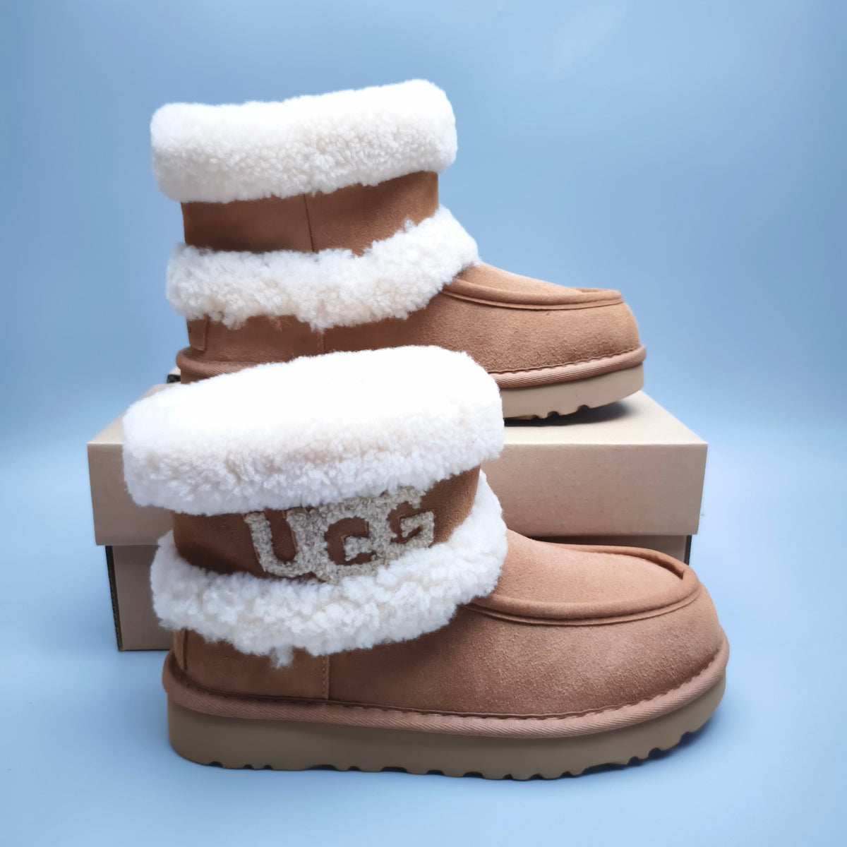 5410 Curly Fur Big Logo Mid-Top Trendy Boots – Chestnut (In Stock)
