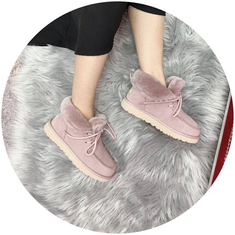 3090 Fluffy Lace-Up Ankle Boots – Pink (In Stock)