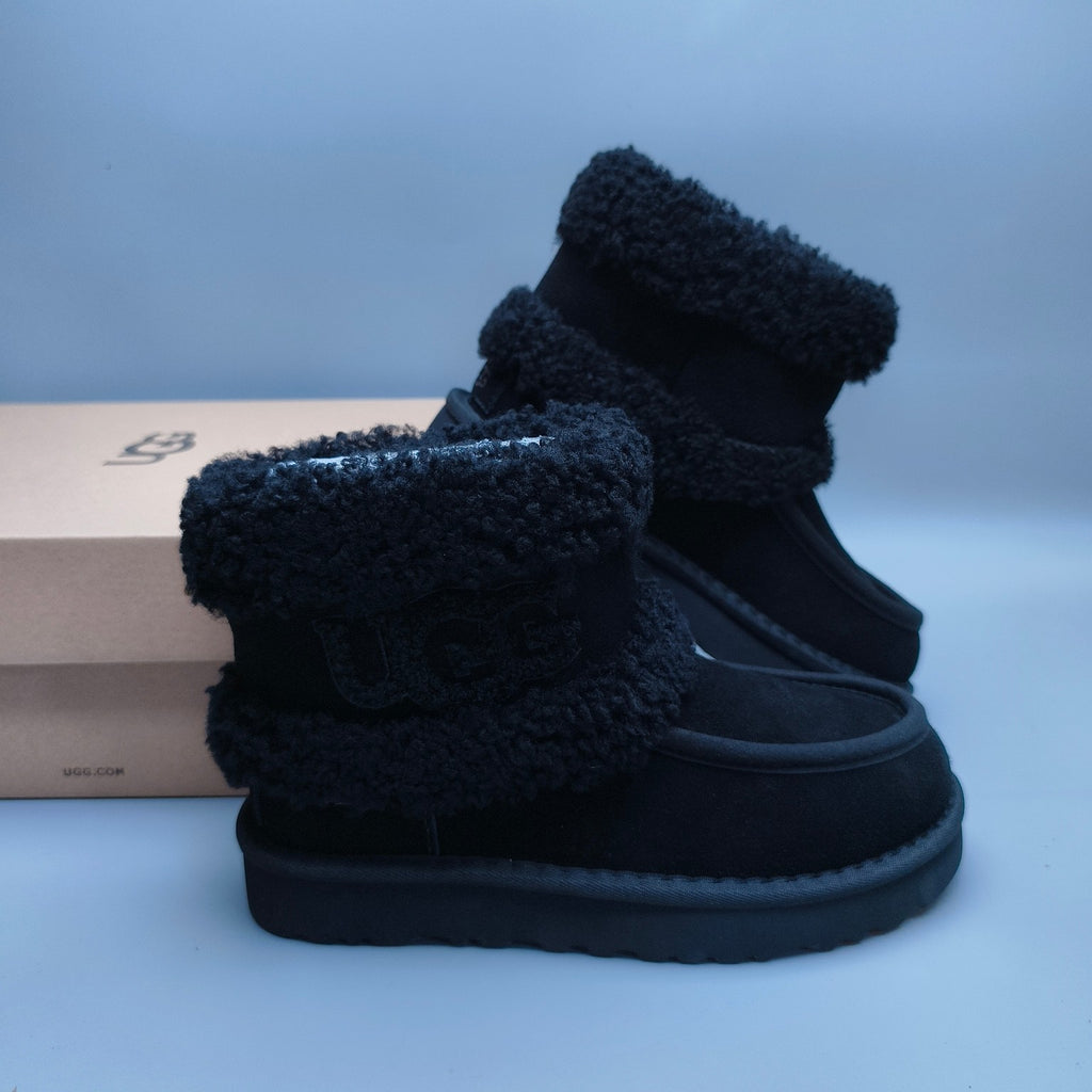5410 Curly Fur Big Logo Mid-Top Trendy Boots – Black (In Stock)