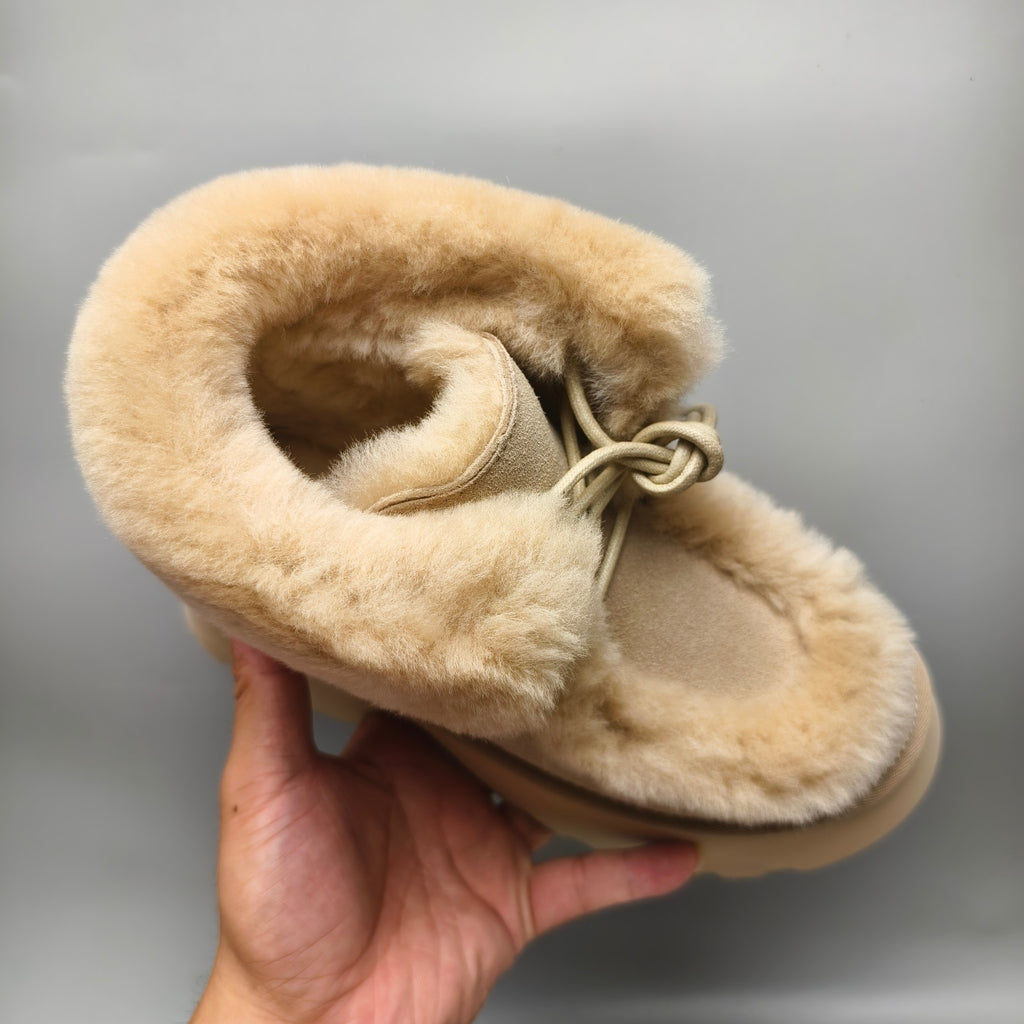1532 Esme Wedge Ankle Boots – Mustard Fluffy Lace-Up (In Stock)