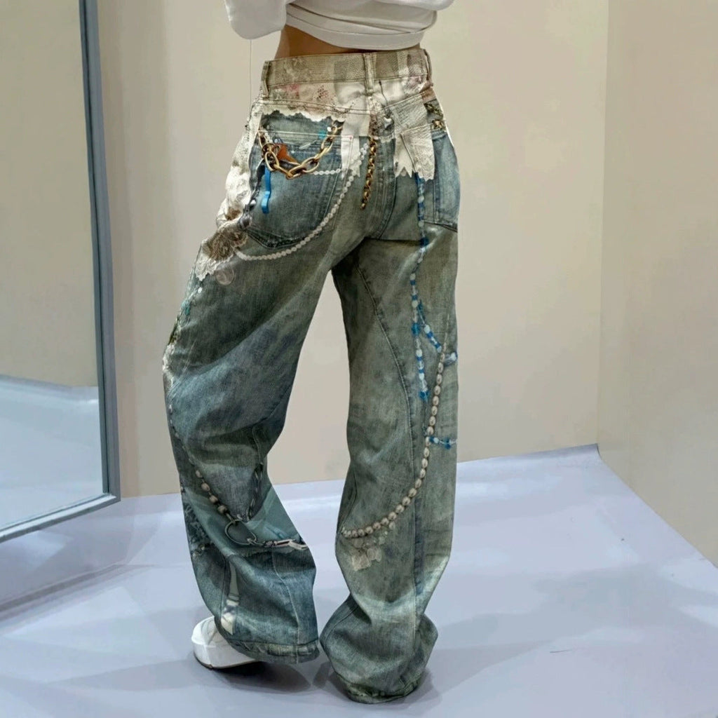 Vintage 3D Print Pearl Chain Curved Baggy Wide Leg Jeans Streetwear