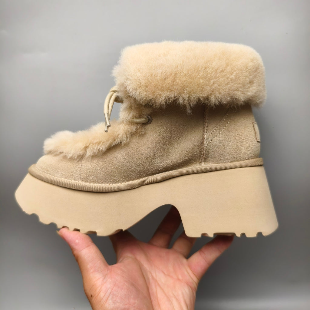 1532 Esme Wedge Ankle Boots – Mustard Fluffy Lace-Up (In Stock)