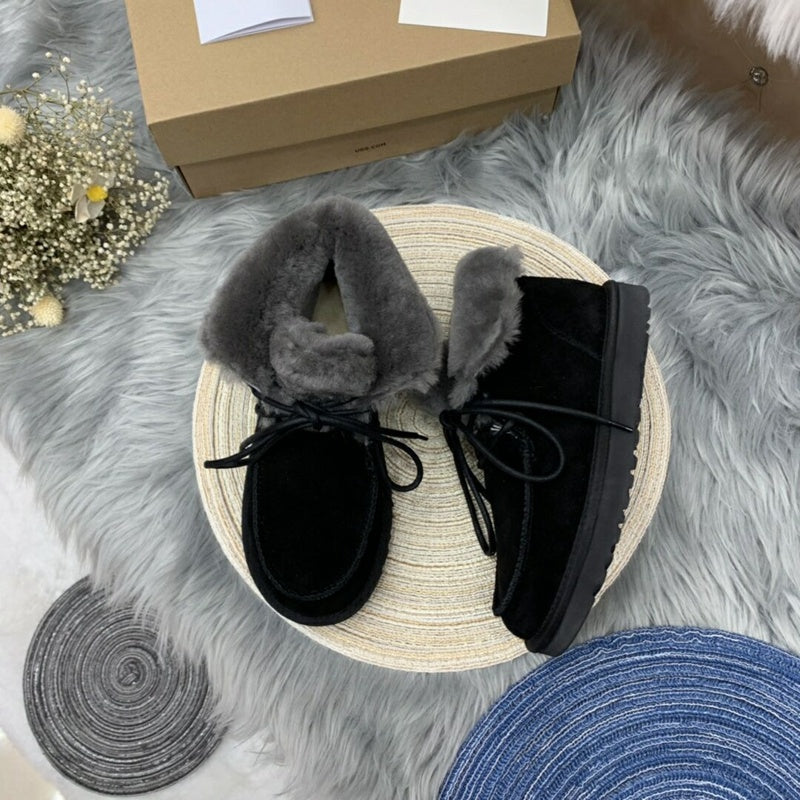 3090 Fluffy Lace-Up Ankle Boots – Black (In Stock)