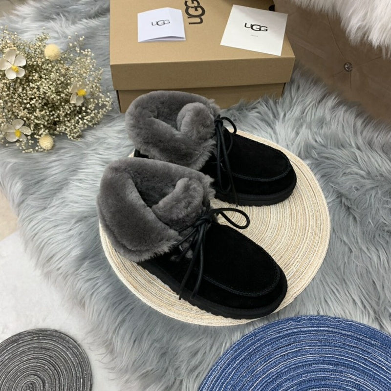 3090 Fluffy Lace-Up Ankle Boots – Black (In Stock)