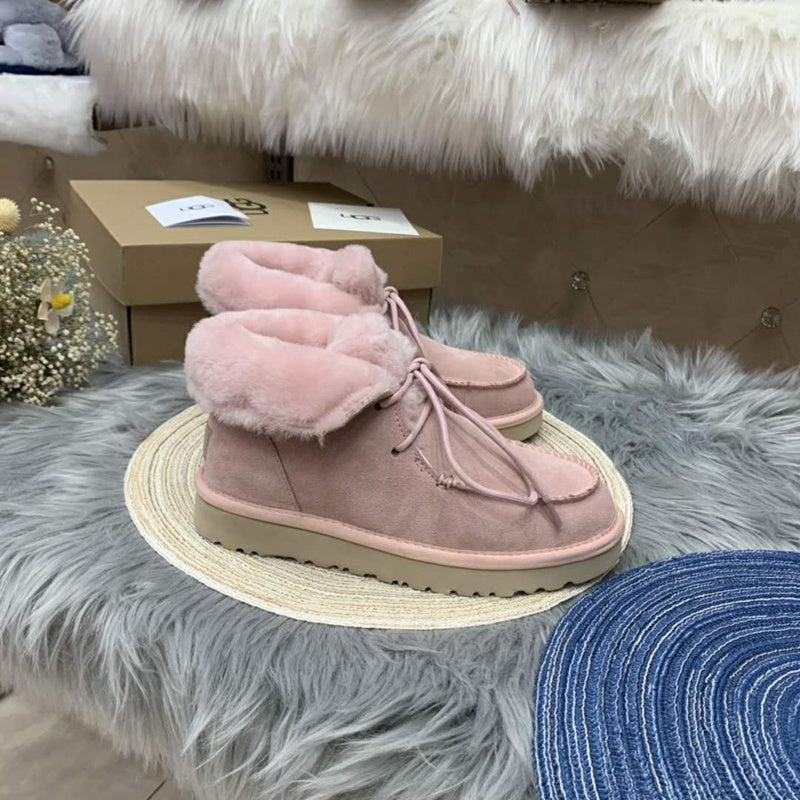 3090 Fluffy Lace-Up Ankle Boots – Pink (In Stock)