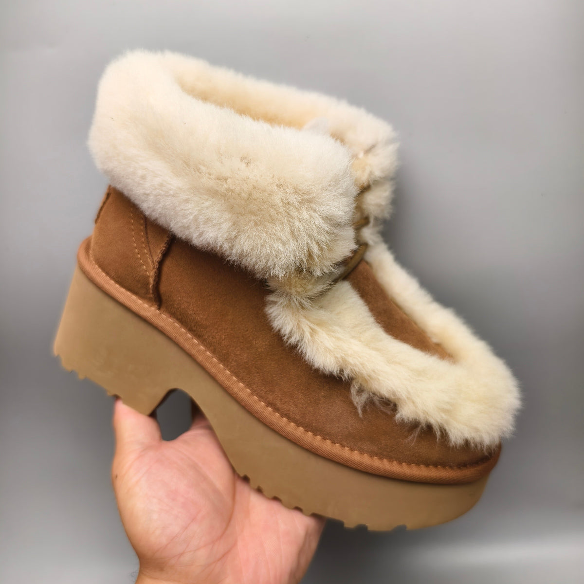 1532 Esme Wedge Ankle Boots – Chestnut Fluffy Lace-Up (In Stock)