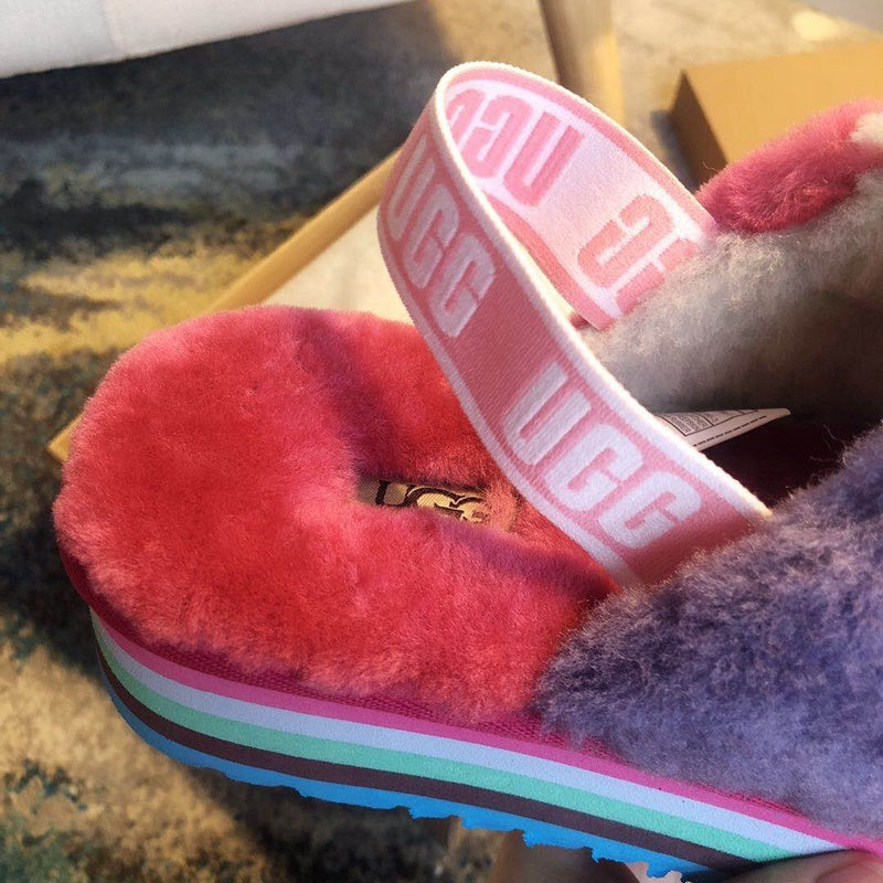 3490 Platform Fuzz Sandals – Rose Red Colorblock (In Stock)