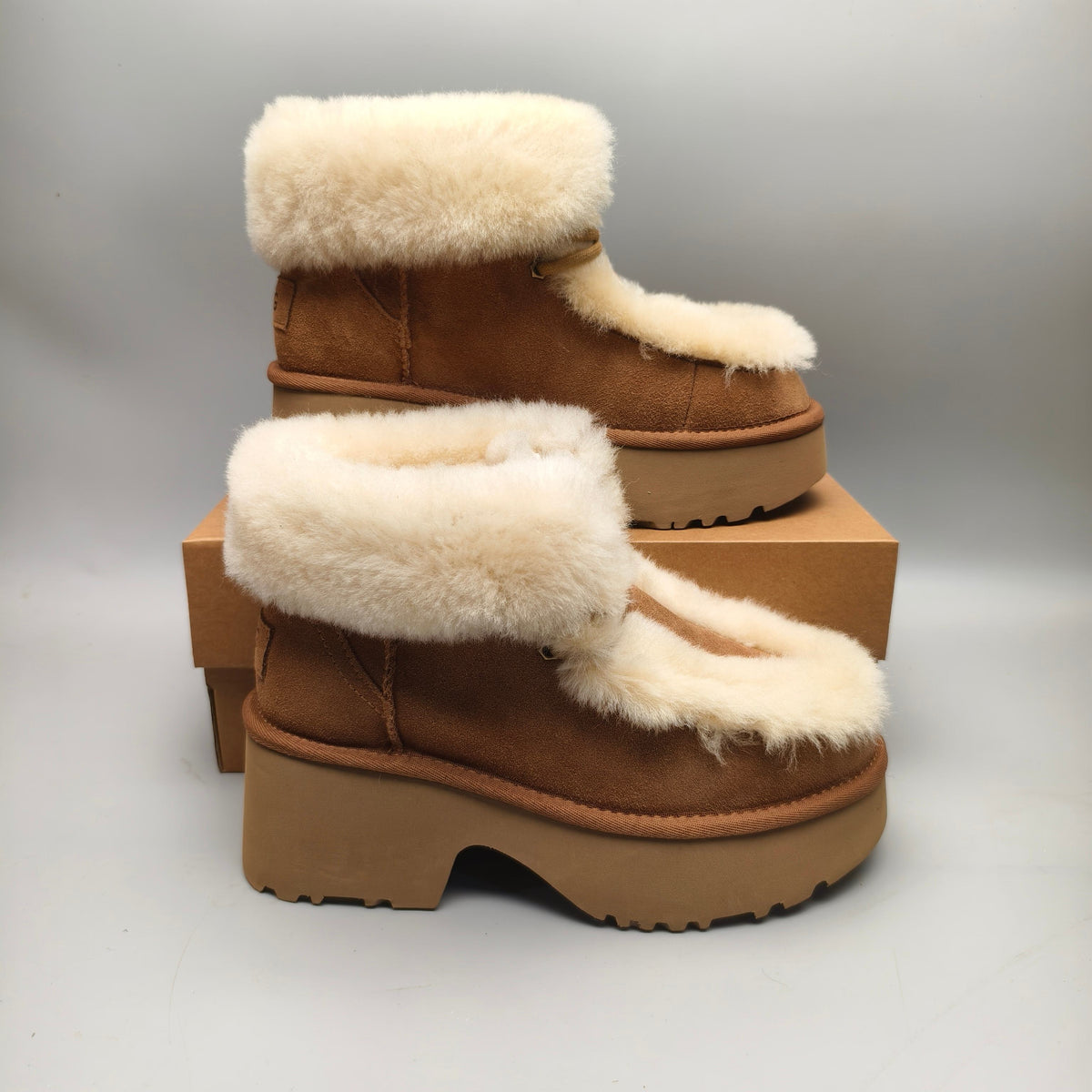 1532 Esme Wedge Ankle Boots – Chestnut Fluffy Lace-Up (In Stock)