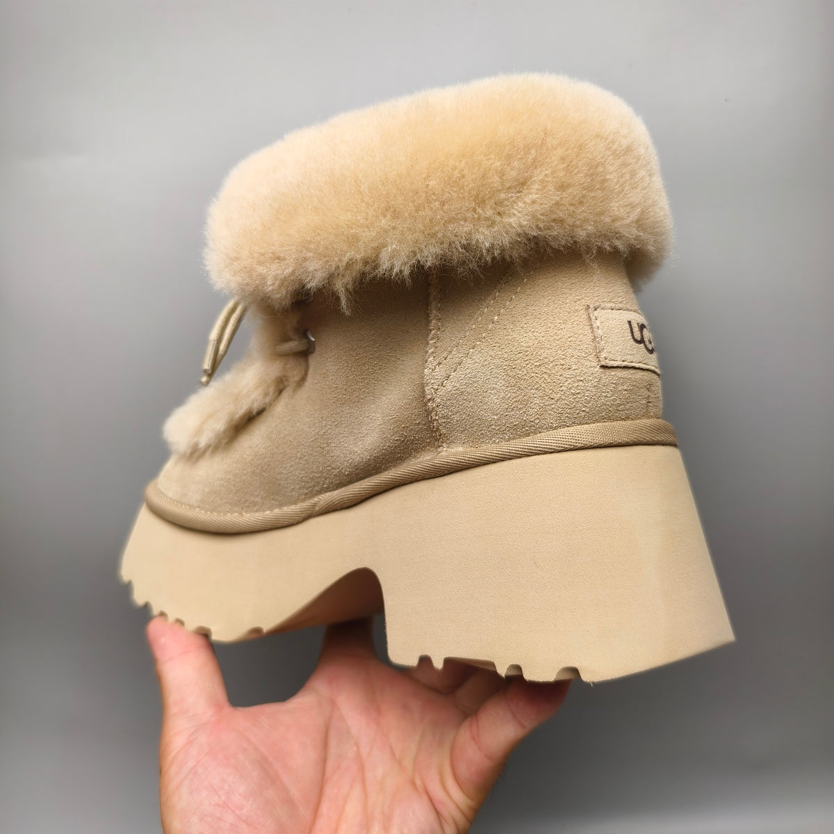 1532 Esme Wedge Ankle Boots – Mustard Fluffy Lace-Up (In Stock)