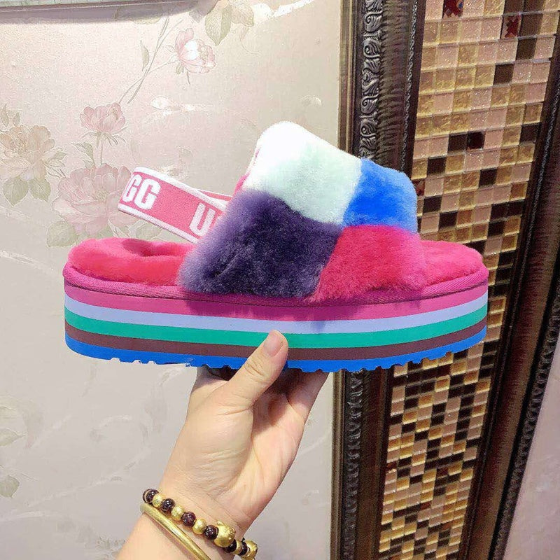 3490 Platform Fuzz Sandals – Rose Red Colorblock (In Stock)
