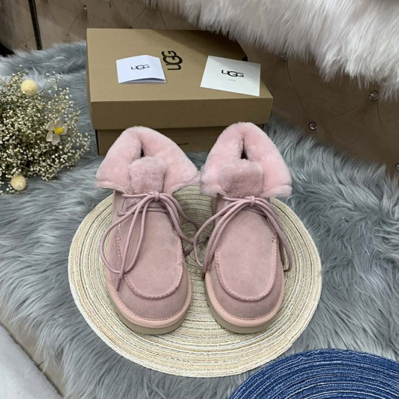 3090 Fluffy Lace-Up Ankle Boots – Pink (In Stock)