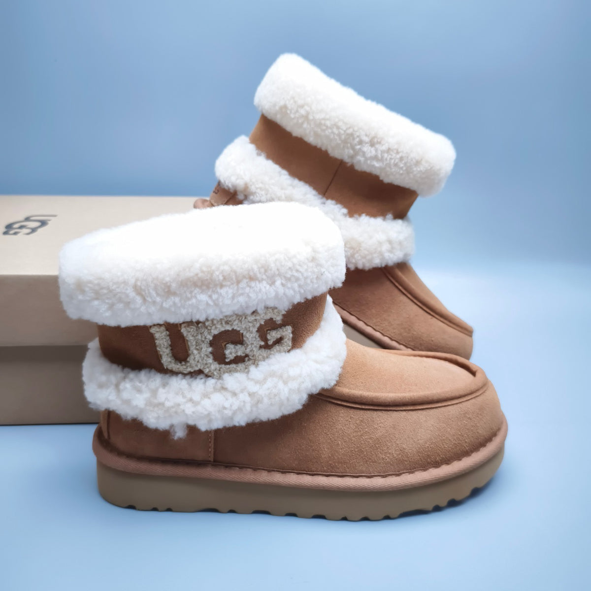 5410 Curly Fur Big Logo Mid-Top Trendy Boots – Chestnut (In Stock)