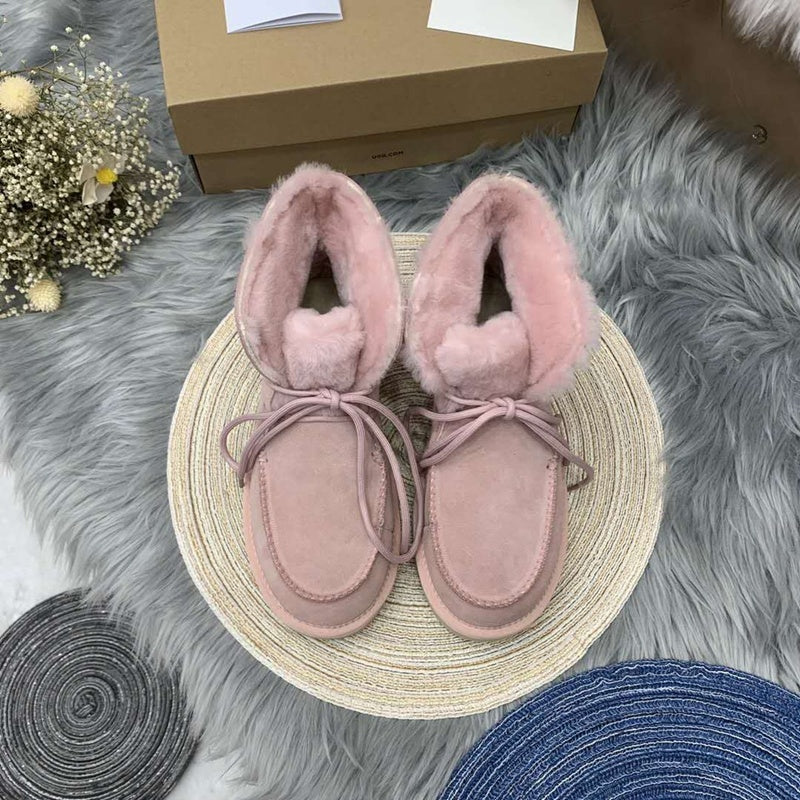 3090 Fluffy Lace-Up Ankle Boots – Pink (In Stock)