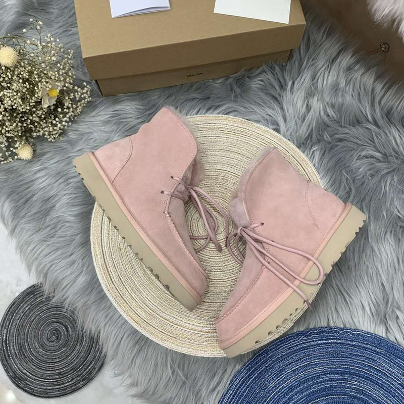 3090 Fluffy Lace-Up Ankle Boots – Pink (In Stock)